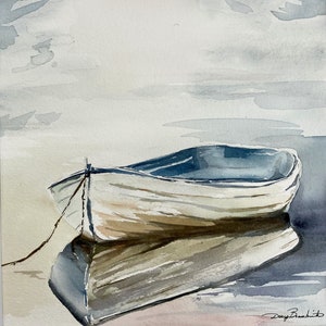 Misty Boat Watercolor Giclee Print: Coastal Lake Art