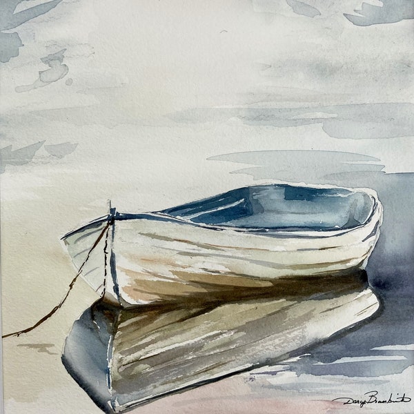 Watercolor, White Row Boat, Misty, Coastal Art, Lake Art, Modern Watercolor, Minimal, Prints, Darcy Brambrink