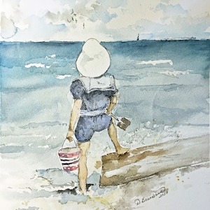 Watercolor Painting, Sand Bucket, Girl on Beach, Nursery, Beach Scene, Coastal Art, Darcy Brambrink