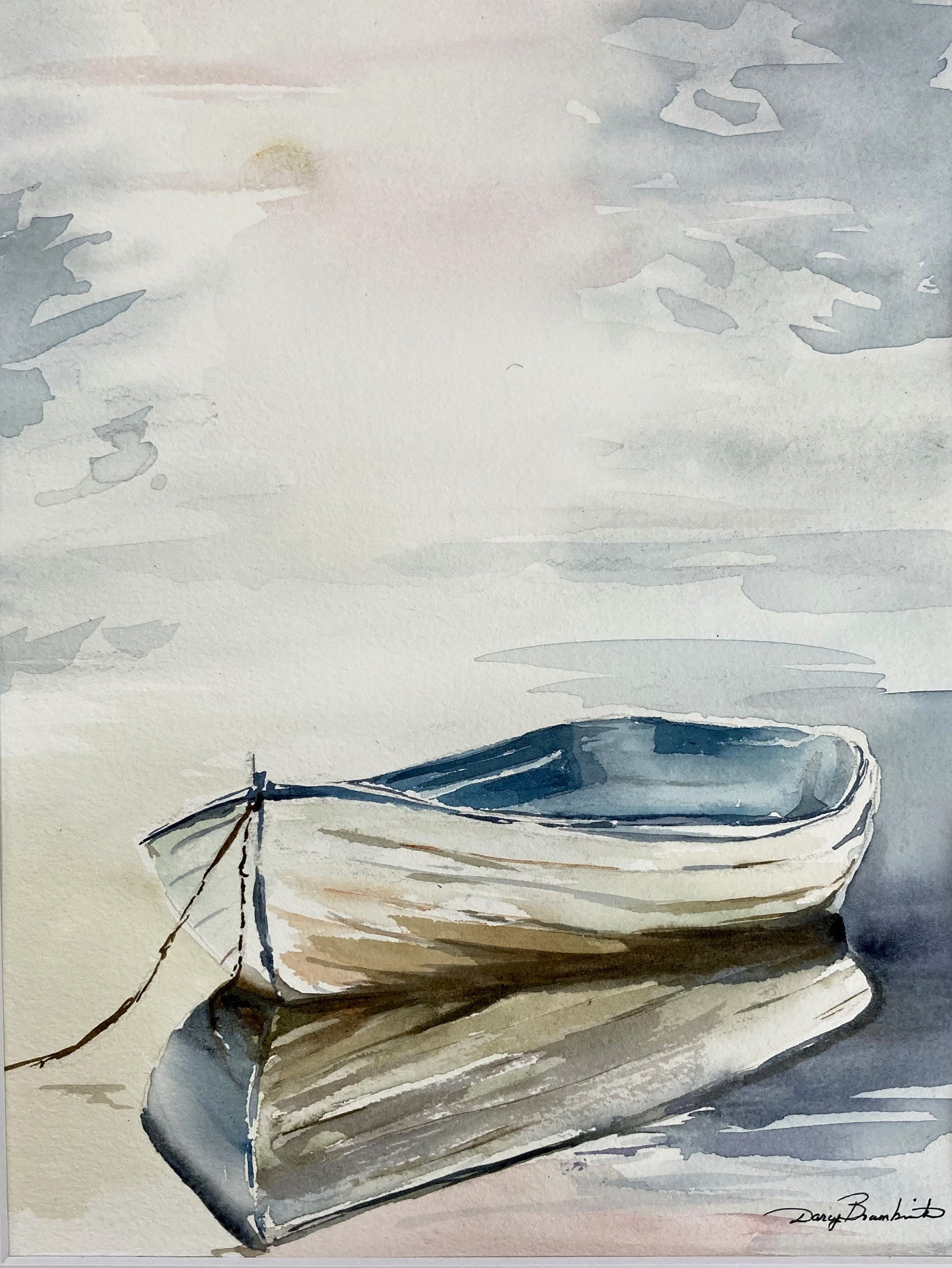Misty Boat Watercolor Giclee Print: Coastal Lake Art