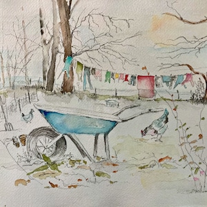 Watercolor Painting, Laundry Day, Farm Art, Chickens, Garden Art, Modern Impressionist, Darcy Brambrink, Prints