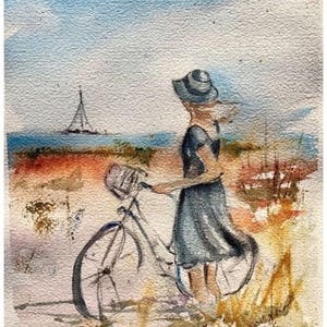 Girl on Bike Beach Art, Coastal Artwork, Watercolor Painting, Darcy Brambrink Art, Giclee Prints