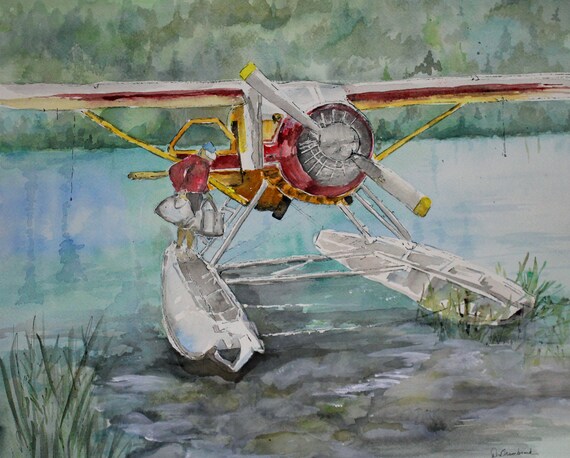 Original Watercolor Alaska Float Plane /& Fisherman Hand Signed Lake Decor