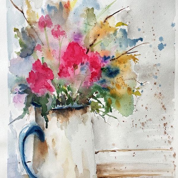 Watercolor Wildflowers, Cottage Flowers, Enamelware Pitcher Flowers, Impressionist, Art, Prints, Farmhouse Art, Darcy Brambrink