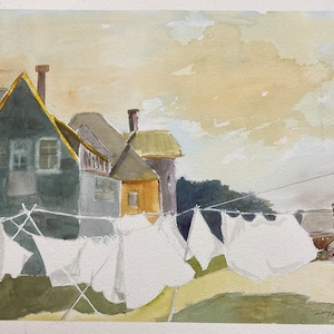 Watercolor Painting, Laundry on Wash Line, Landscape, Prints, Country Landscape, Darcy Brambrink
