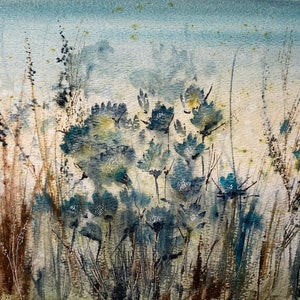 Blue Flowers Watercolor Giclee Print: Impressionist Seaside Art