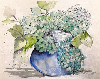 Watercolor Painting, Hydrangeas, Still Life, Flowers In Vase, Blues, Whites, Impressionist, Modern, Darcy Brambrink