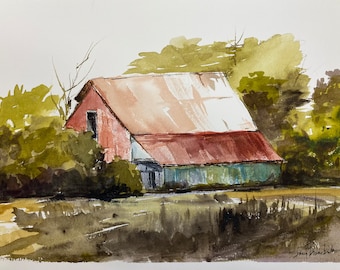 Original Watercolor Old Barn Not A Print 11 x 14 Farm Landscape by Darcy Brambrink