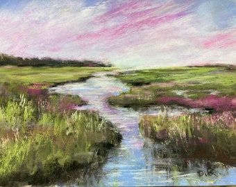 Soft Pastel Original Landscape Contemporary Impressionist Painting, Marshlands, Grasses, Darcy Brambrink