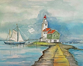 Original Watercolor Lighthouse with Sailboat Giclee Prints by Darcy Brambrink