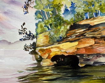 Watercolor Painting, Sea Cave, Coastal watercolor, Prints, Lake Superior, Apostle Islands, Impressionist, Darcy Brambrink