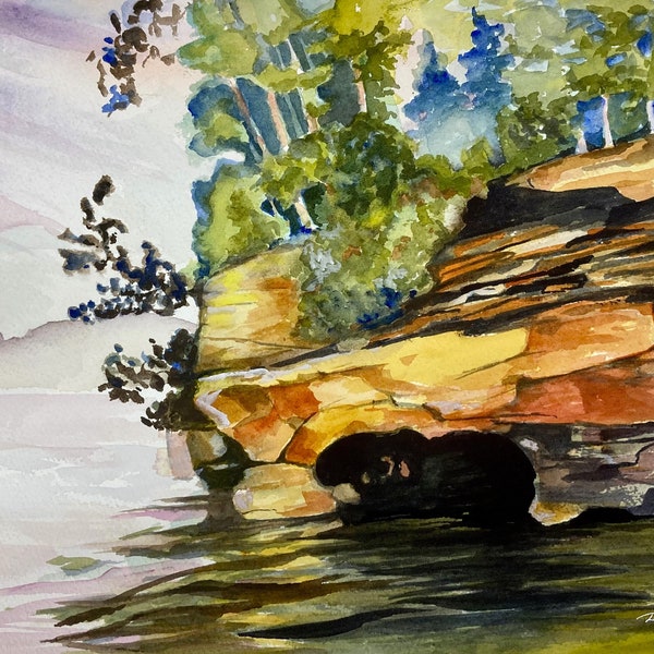Watercolor Painting, Sea Cave, Coastal watercolor, Prints, Lake Superior, Apostle Islands, Impressionist, Darcy Brambrink