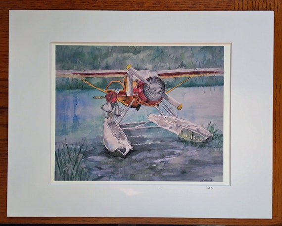 Original Watercolor Alaska Float Plane /& Fisherman Hand Signed Lake Decor