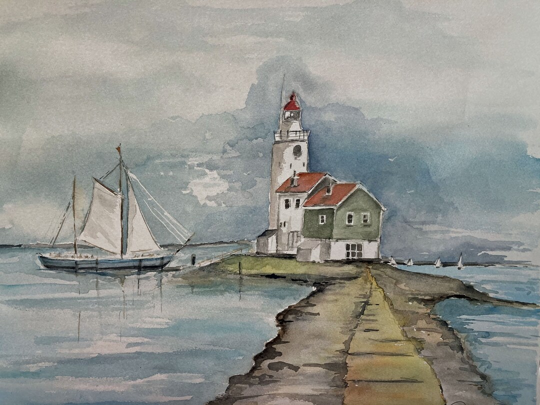 Original Watercolor Lighthouse With Sailboat Giclee Prints by Darcy ...