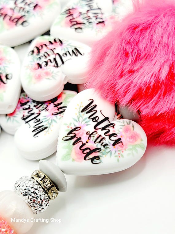 SET 1 or 2, Mother Of The Bride Heart Focal Pen Bead, Print Silicone Bead, DIY Bridal Party Gift, Bridesmaid Focal Bead, Maid of Honor Focal