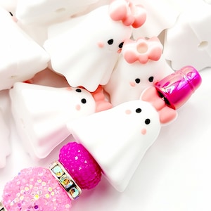 SET of 2, Halloween Ghost Focal Bead, 3D Ghost with Pink Bow Focal Silicone Bead, Girl Ghost Pen Bead Focal, Halloween DIY Beadable Focals