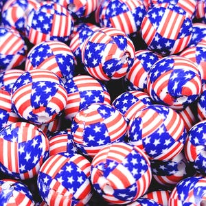 SET 5 or 10, 15mm USA Flag Round Beads, Patriotic Silicone Bead, Fourth of July Beads, Red White Blue USA Flag Print Wristlet Beads, Bright