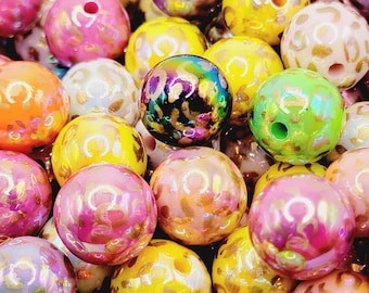SET OF 10, 16mm Printed Leopard Colorful Acrylic Bead, Big Resin Beads, 16mm Bubble Gum Beads, 16mm Chunky Beads, Acrylic Round Pen Beads
