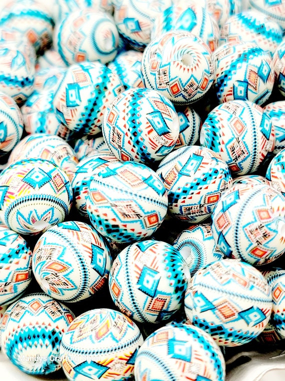 SET OF 5 or 10, Blue Aztec Diamond Round Bead, Blue Red Cream Aztec Print Bead, 15mm Western Print Silicone Beads, Printed Round Pen Beads