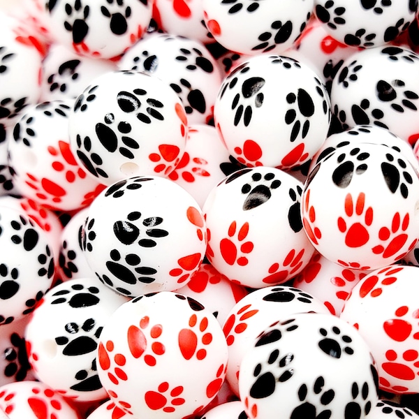 SET OF 5 or 10, Paw Print Silicone Beads, 15mm Red Paw Print Black Paw Print Round Silicone Beads, Cat Paw Silicone Beads, Dog Round Beads