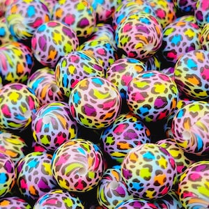 SET OF 5 or 10, Rainbow Leopard Print Round Bead, 15mm Leopard Print Round Silicone Bead, Animal Print Round Pen Beads, Beads For Wristlet