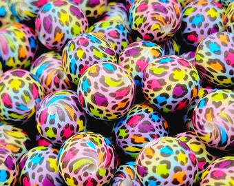 SET OF 5 or 10, Rainbow Leopard Print Round Bead, 15mm Leopard Print Round Silicone Bead, Animal Print Round Pen Beads, Beads For Wristlet