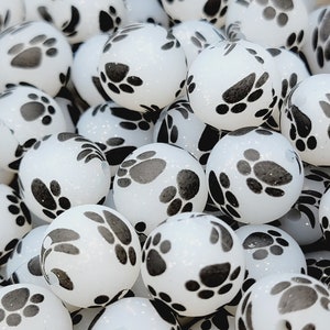 SET OF 5 or 10, Clear Gray Glitter Paw Print Silicone Bead, 15mm Round Beads, Pawprint Silicone Beads, Dog Pen Beads, Paw Wristlet Beads