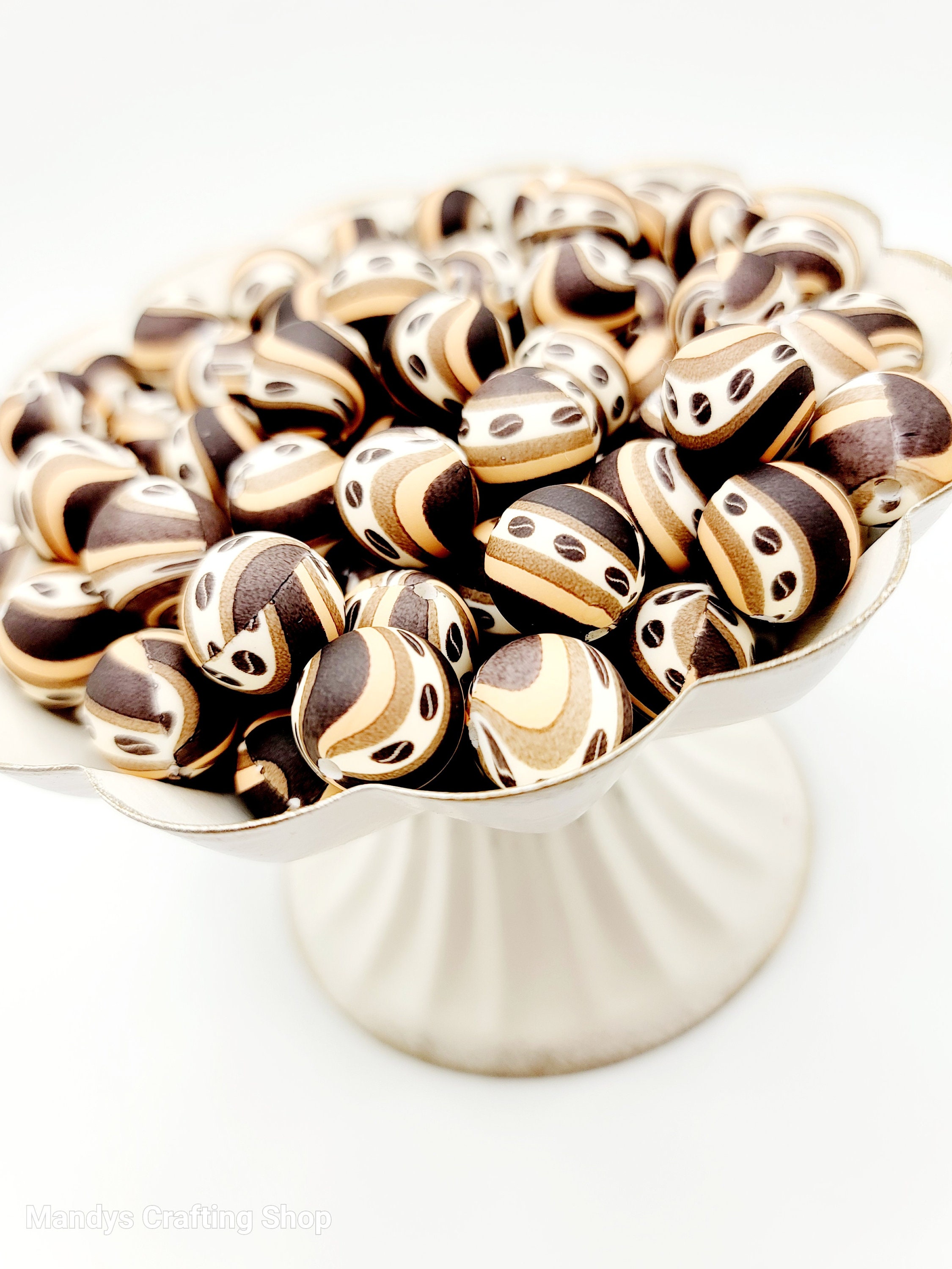 SET OF 5 or 10, Coffee Bean Swirl Print Silicone Bead, 15mm Round Beads