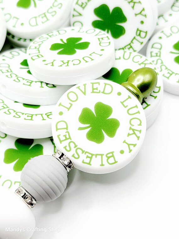 SET OF 2, Lucky Blessed Loved Shamrock Pen Focal, St Patricks Day Silicone Print Focal Bead, Keychain Focal Beads, Lucky Clover Craft Focals