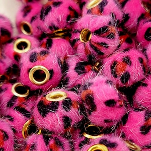 SET OF 5, Fuchsia Leopard Print Plush Beads, Furry Large Hole Spacer Bead, Fuzzy Bead Spacer, Beads For Pen, Pom Pom Beads, Plush Pen Beads