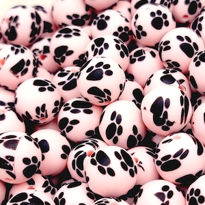 SET OF 5 or 10, Pink Paw Print Silicone Bead, 15mm Round Beads, Pastel Pawprint Silicone Beads, Dog Pen Beads, Paw Wristlet Beads