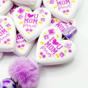 SET of 2, I Love You Mom Forever Heart Focal, Mothers Day Focal Bead, Heart Shape Focal Bead, Mom Wristlet Focal Beads, Mom Keychain Beads