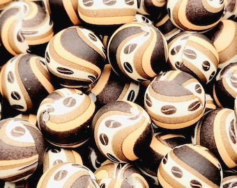 Lot de 5 ou 10, perles en silicone à imprimé tourbillon de grains de café, perles rondes de 15 mm, perles en silicone marron, perles pour stylo pour amateur de café, perles pour bracelet