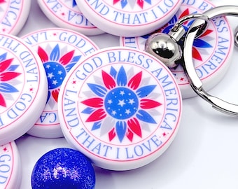 SET OF 2, Patriotic Sunflower Focal Bead, God Bless America Beads, Fourth Of July Focal Silicone Print Bead, Wristlet Keychain Beads