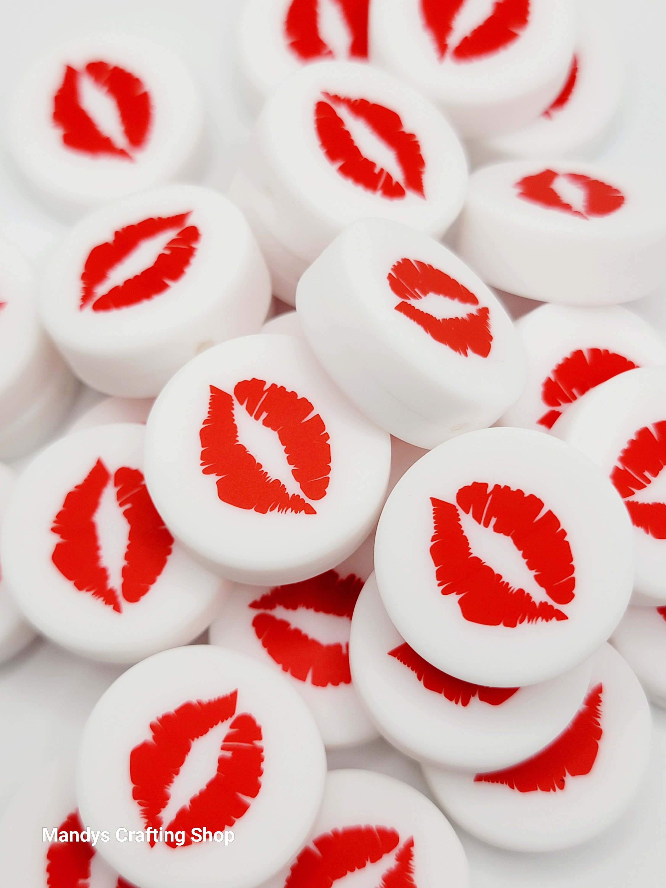 SET OF 2, Red Lips Printed Silicone Bead, Valentines Pen  display picture 1