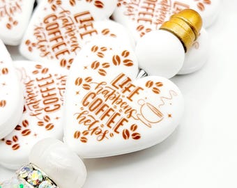 SET of 2, Coffee Lover Focal Pen Bead, Life Happens Coffee Helps Heart Print Silicone Bead, Funny Focal Pen Beads, DIY Wristlet Craft Beads
