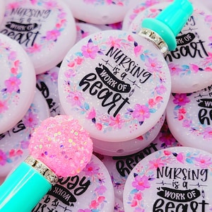 SET of 2, Nurse Focal Bead, Nursing Is A Work of Heart Silicone Bead, Medical Assistant Focal, Keychain Beads, Nurse Pen Bead, Glitter Beads