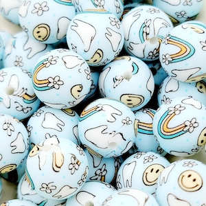SET OF 5 or 10, Dental Beads, Tooth Printed Silicone Bead, 15mm Print Silicone Bead, Round Bead, Dentist Pen Spacer Bead, Beads For Wristlet