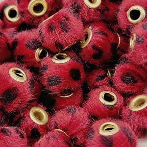 SET OF 5, Dark Red Leopard Print Plush Beads, Furry Large Hole Spacer Bead, Fuzzy Bead Spacer, Beads For Pen, Pom Pom Beads, Plush Pen Beads