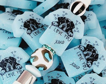 SET OF 2, Dog Lover Pen Bead, Dog Mom Focal Bead, Rottweiler Shirt Focal Print Silicone Bead, I Love Dogs Pen Charm, Dog Focal Glitter Bead