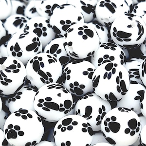 SET OF 5 or 10, White Paw Print Silicone Bead, 15mm Round Beads, Pastel Pawprint Silicone Beads, Dog Pen Beads, Paw Wristlet Beads