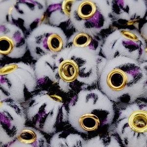 SET OF 5, Gray Purple Leopard Print Plush Bead, Fur Large Hole Spacer Bead, Fuzzy Bead Spacer, Beads For Pen, Pom Pom Bead, Plush Pen Beads
