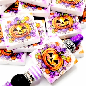 SET of 2, Stained Glass Pumpkin Focal Bead, Halloween Silicone Bead, Printed Silicone Pen Bead, Halloween Focal Beads, Pumpkin Lover Focals