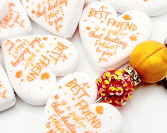 SET of 2, Friends That Become Sisters Heart Focal Print Silicone Bead, Friend Pen Bead, Heart Focal Bead, Sister Focal Bead, DIY Pen Craft