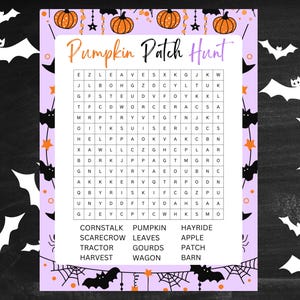 May include: A Pumpkin Patch Hunt word search game printed on a light purple background. The sheet features orange pumpkins, black bats, and spider webs as decorative borders. The grid contains letters and a list of words to find below.