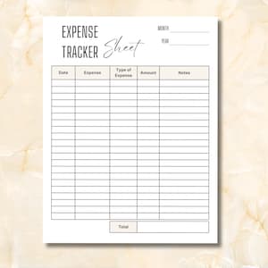 May include: White expense tracker sheet with the words "Expense Tracker Sheet" in a mix of bold and script fonts. The sheet has columns for date, expense, type of expense, amount, and notes. There are also fields for month and year.