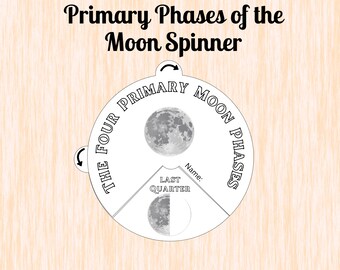 Primary Phases of the Moon Activity Spinner Printable, Educational Learning Tool, Interactive Science Activity, Moon Phase Spinner Coloring