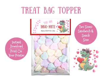 Adorno para bolsita de dulces de San Valentín con diseño de dinosaurio / Dino Mite / Bolsita de dulces imprimible para el aula / San Valentín para la clase / Bolsitas de regalo / Descarga digital instantánea