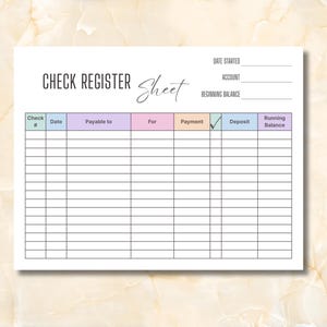 Checkbook Register in Color | Large Print and Spacing | 11" x 8.5" (Landscape) |  Check Ledger and Log | Instant Download
