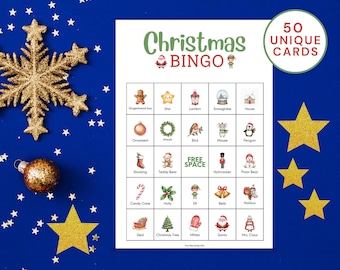 Puede incluir: Un juego de tarjetas de Bingo navideño con 50 tarjetas únicas. La tarjeta presenta ilustraciones festivas como un hombre de jengibre, una estrella y Papá Noel, con las palabras "Christmas Bingo" en la parte superior. Estrellas doradas brillantes y decoraciones de copos de nieve están dispersas.
